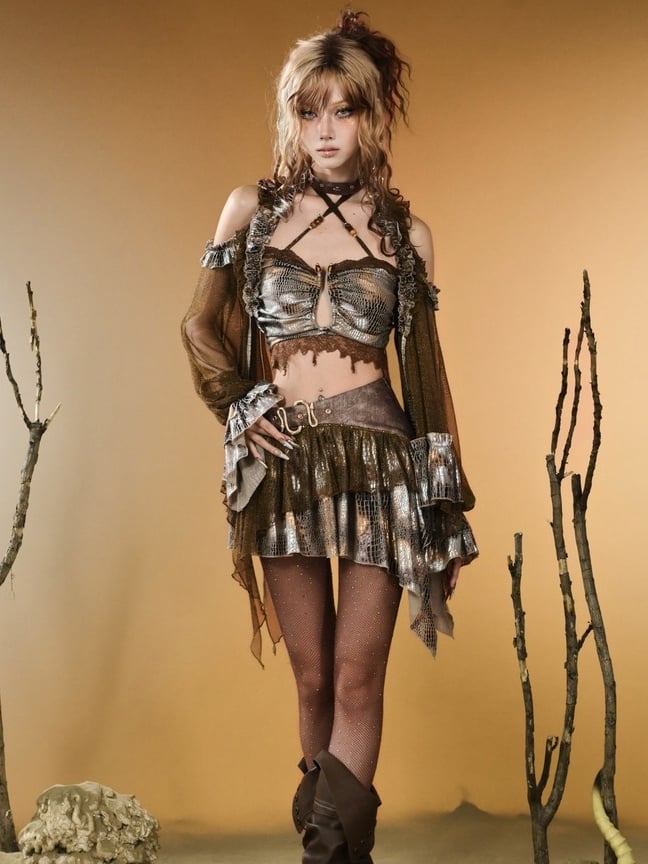Top Cutout Shoulder Dark Punk Wasteland Sleeves Semi-sheer Design Long V-neck Brown