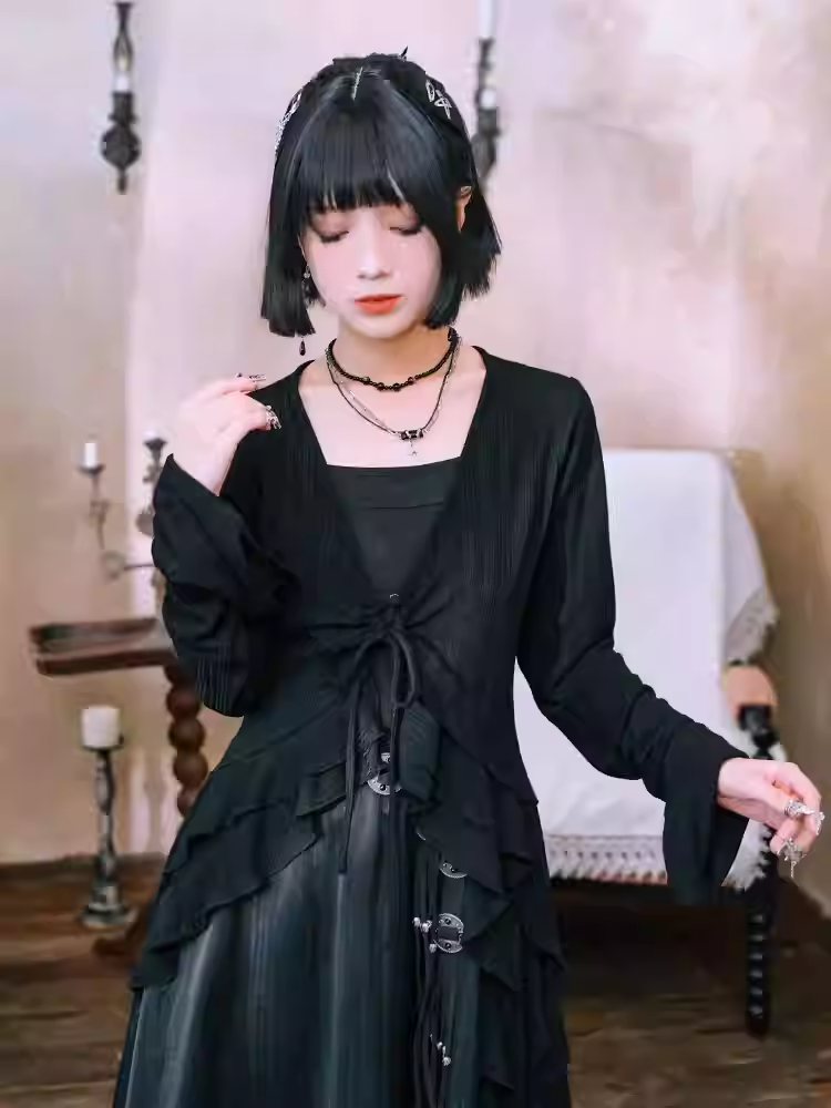 Sleeves Hem Style Asymmetrical Black Layered Cardigan Knitted Cheongsam Bell