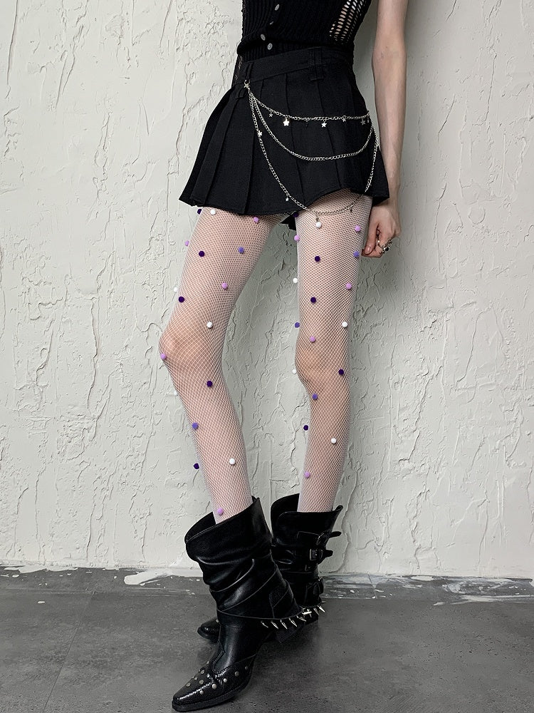 With Purple Pompons Fishnet Tights Design White Pink Y2K Hollow-out
