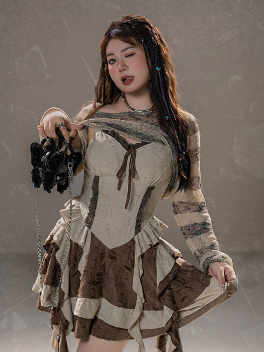 Plus Size Basque Waist Cascading Ruffles Distressed Wasteland Punk Brown Holes Cami Dress