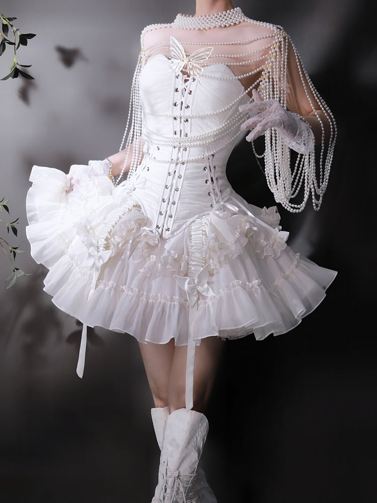 Hem Ruffle Skirt Gothic White Lolita Drawstring