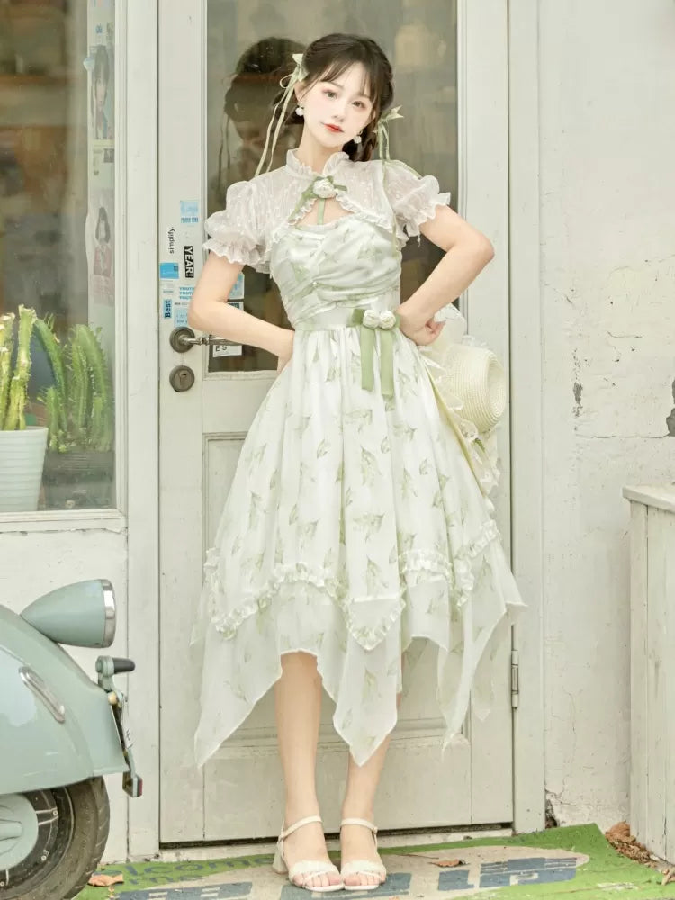 Light Green Lily of the Valley Print Handkerchief Hem Dress + Bolero