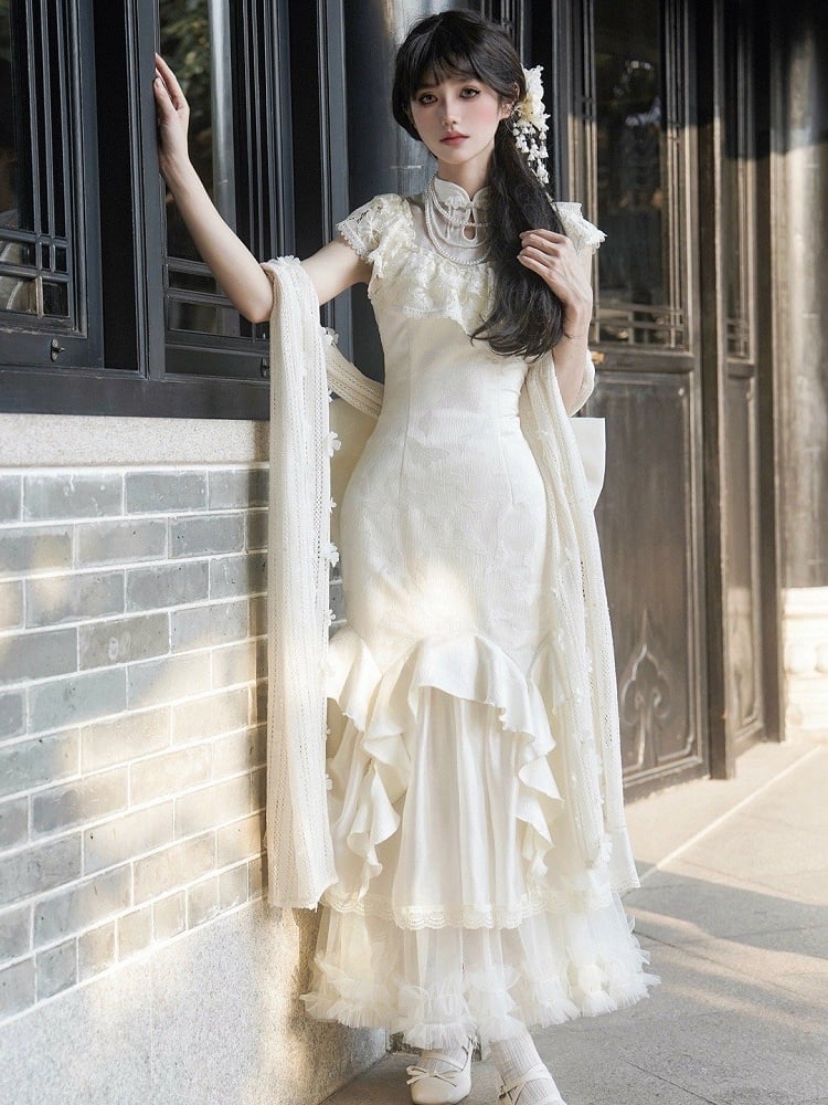 フリルマーメイドバタフライジャカードトリムドレスチーチーパオロリータカスケーディングカラー