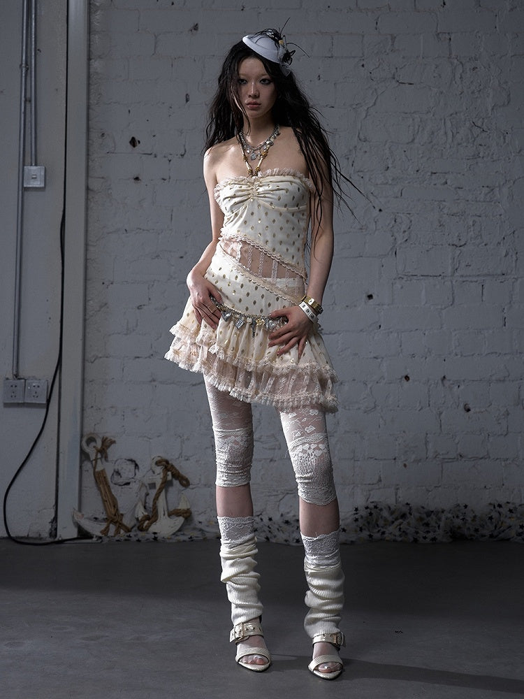 Beige/Black Neck Waist Polka-dot Vintage Halter Lace Patches