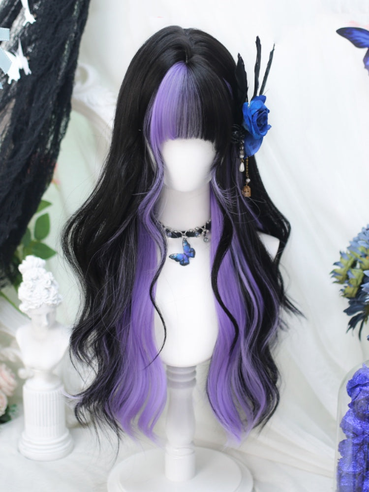 Purple and Black Highlight Under Bust Length Wavy Wig with Air Bangs