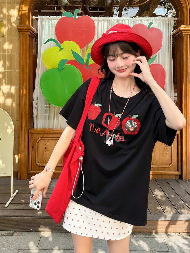 T-Shirt Apricot/Black Round Neck Apple Embroidery Loose