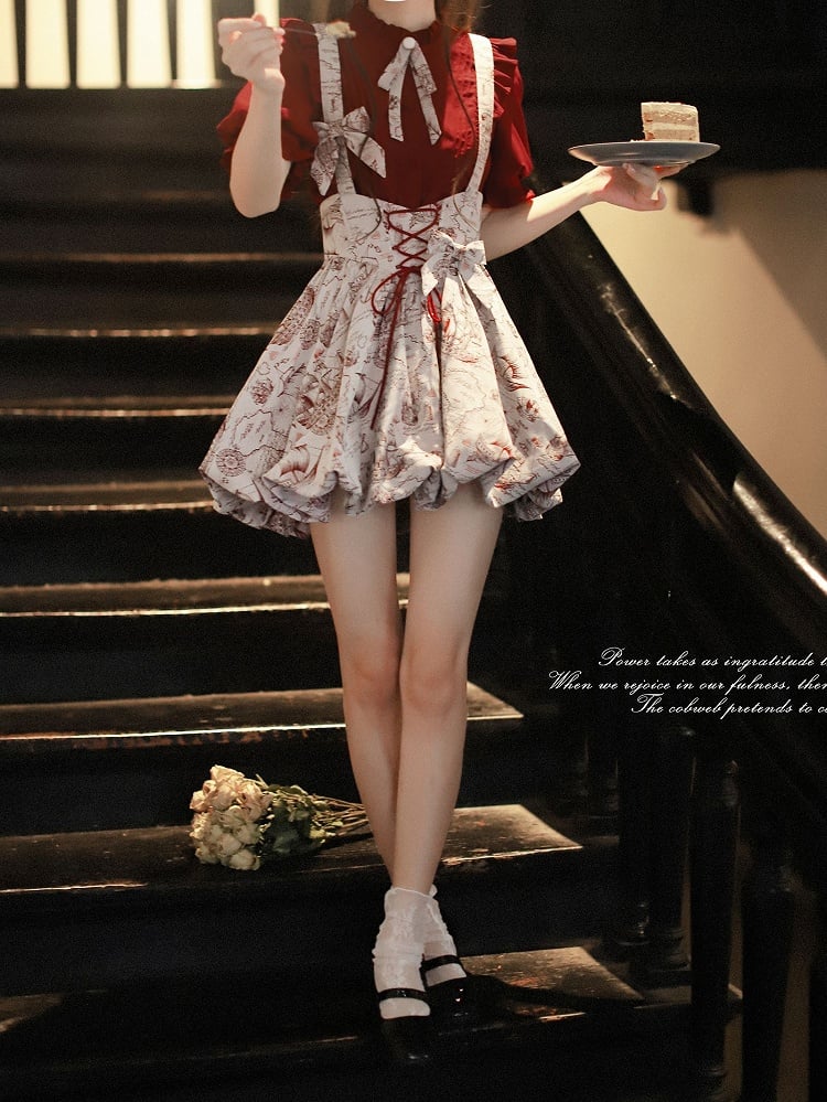 Wine Red Jacquard Overall Dress with Bubble Skirt Lace-up Waist