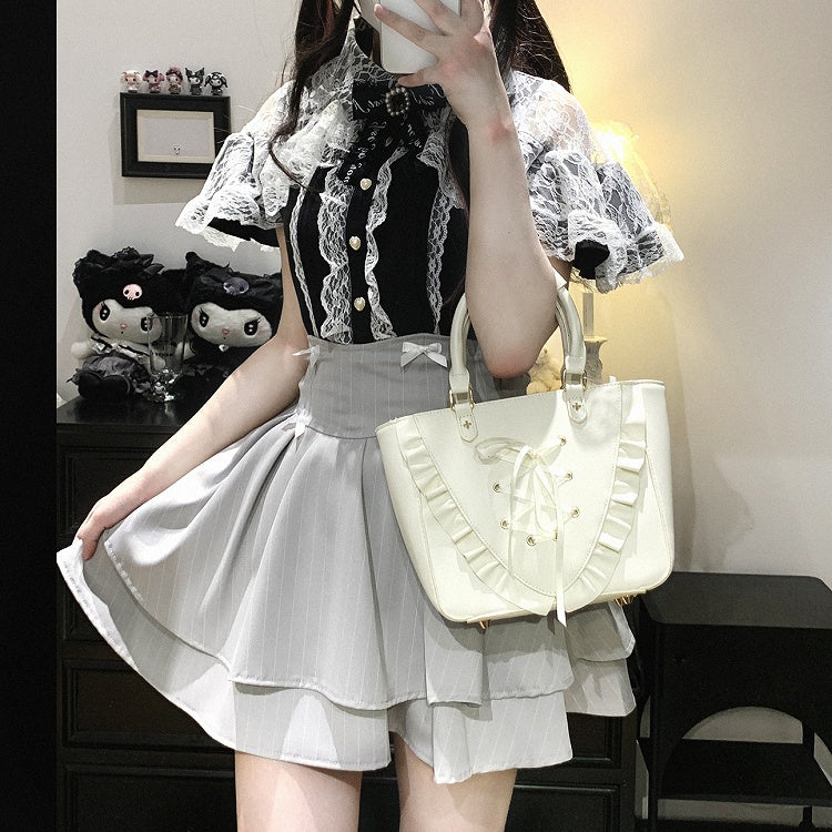 Jirai Kei Black/Blue/White Cutout Shoulder Cape Design Lace Blouse