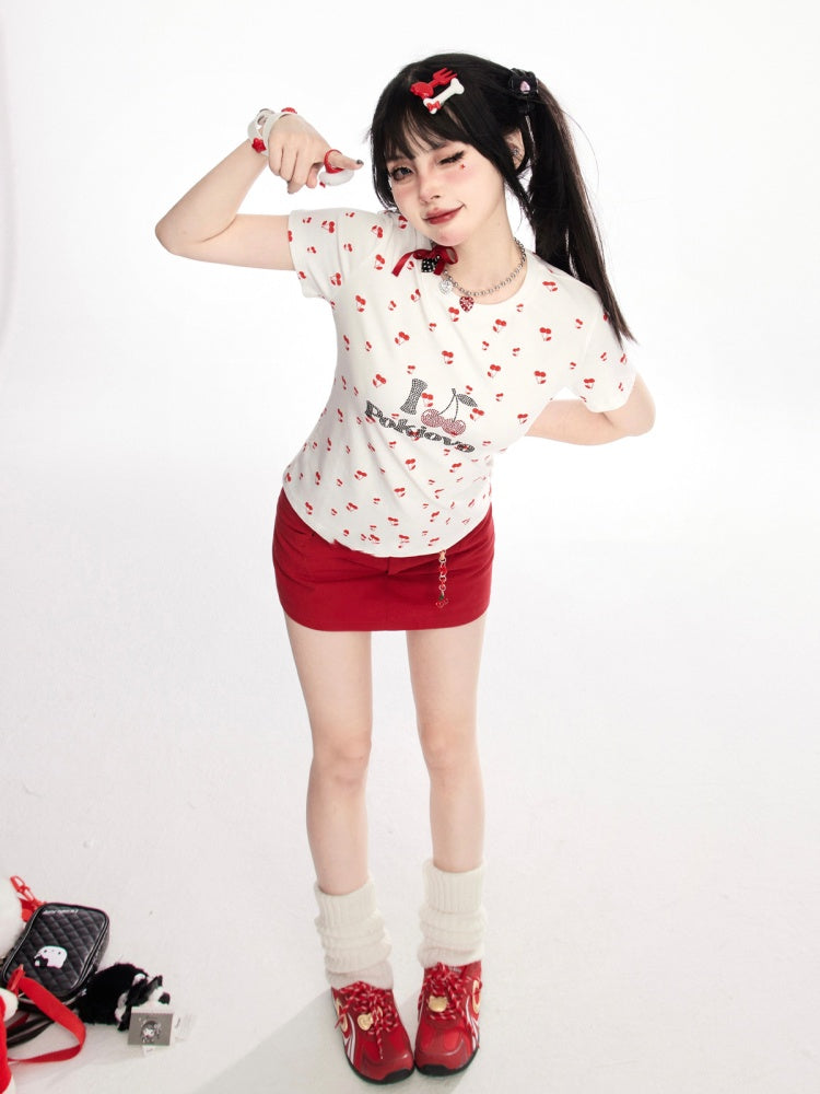 White Allover Cherry Print Rhinestone Letter T-shirt