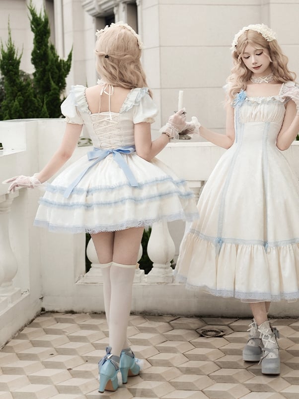 Lolita Lace and Puff Sleeves Dress Neckline Light Square Beige Trims Short Blue