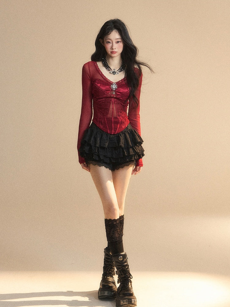Red V-neck Top Rhinestone Embellished Glamorous Butterfly Embroidery