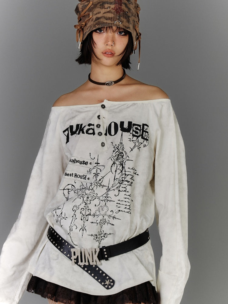Apricot Off-the-shoulder Graphic Neckline Cotton Top Distressed