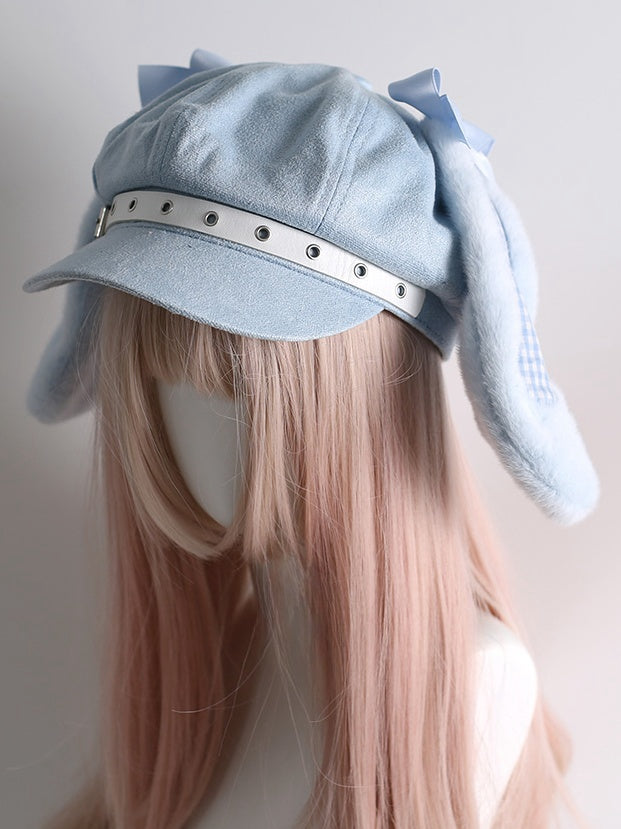 Blue/Black Sweet Buckle Straps Plaid Pattern Bunny Ears Beret