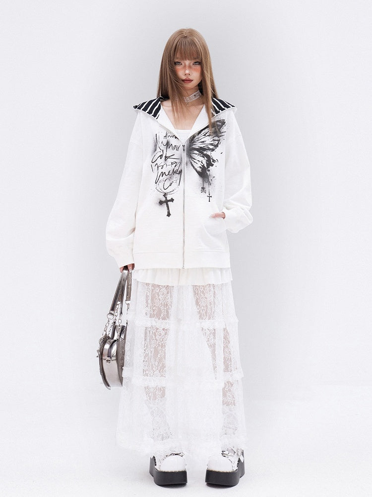Long White Lace Skirt Hem Ruffle Tiered