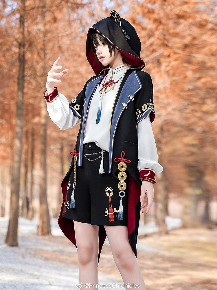 Manteau à capuche en ouji noir avec pièces de cuivre et oreilles de panda