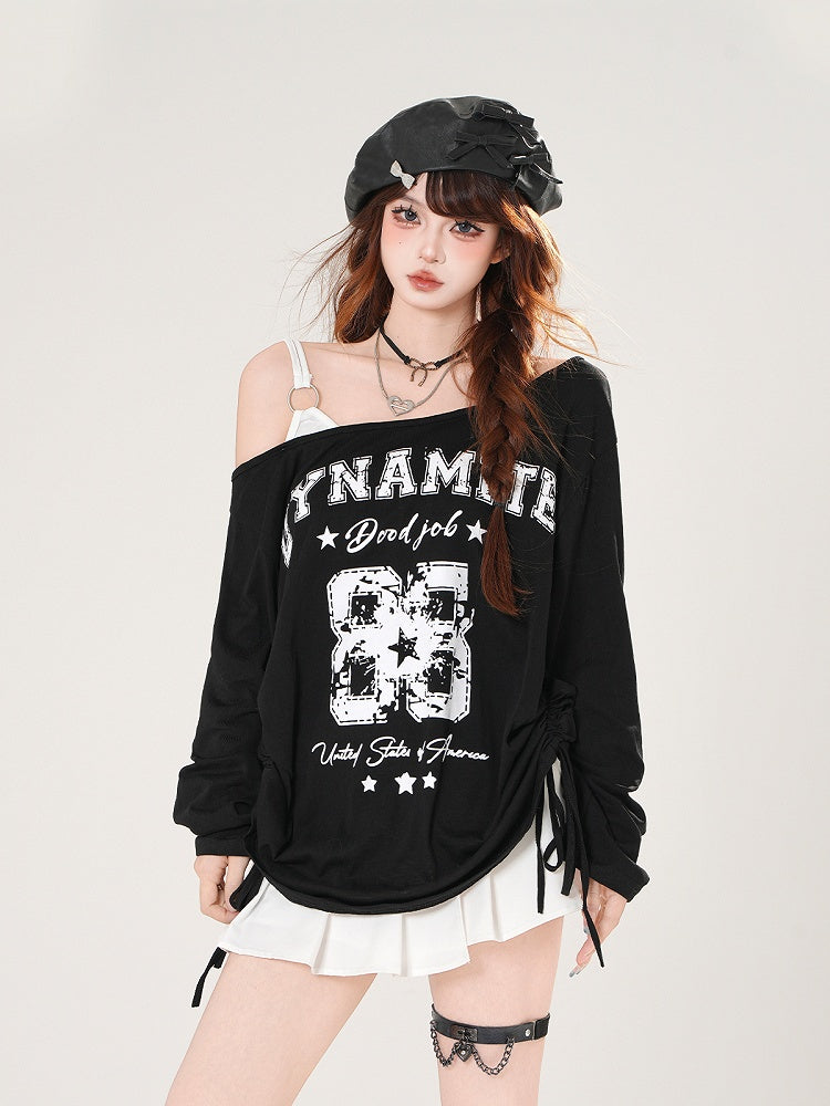 Asymmetrical Neckline Number and Letter Print Drawstring Side