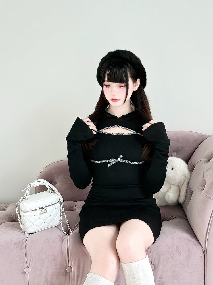 with Jirai Kawaii Kei Dress Chest and Shoulder Black Daily Hoodie Above-Knee Cutouts