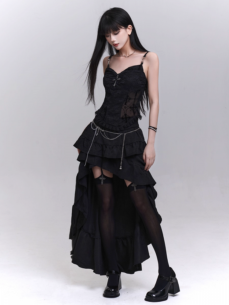 with Beaded Black Lace Patches Waist Cross Decorated Cami Top Chains