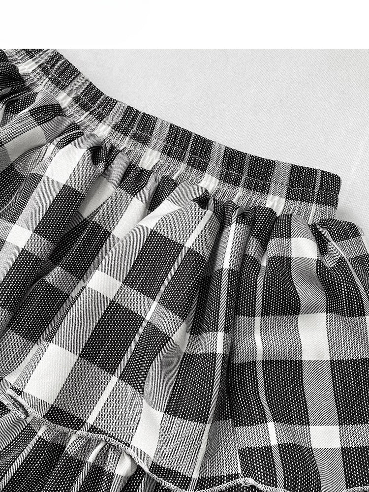 Y2K Schwarz-Weiß Karierter Knielanger Glamouröser Stufenrock mit hoher Taille