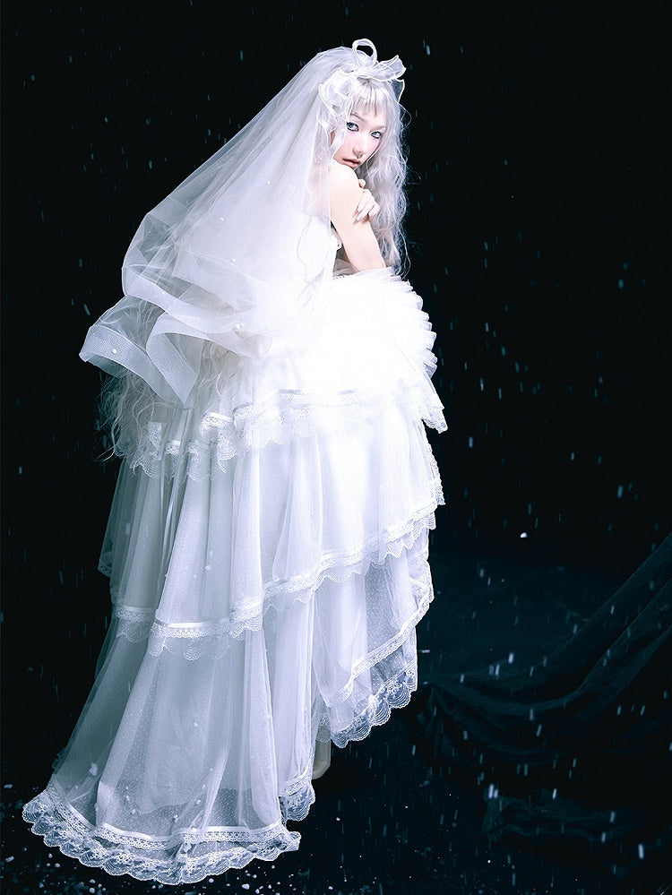 White Lace-up Details Boned Corset Top + High-low Layered Lolita Skirt