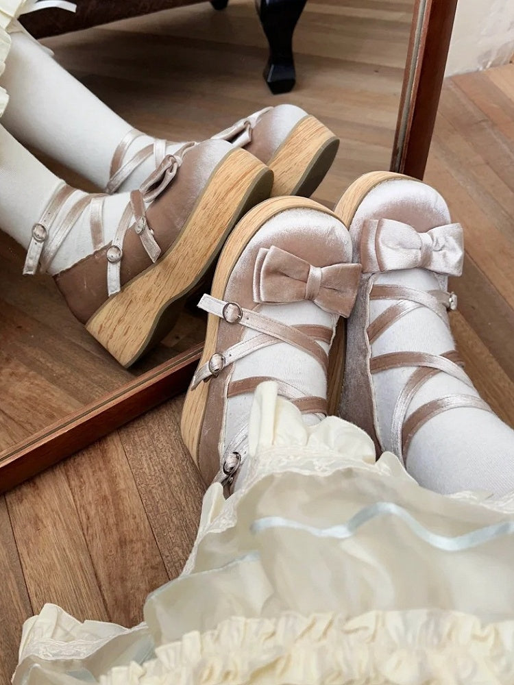 Heel with for Beige - Straps Janes Crossed Sweet Bow Platform Decor Lolita Mary