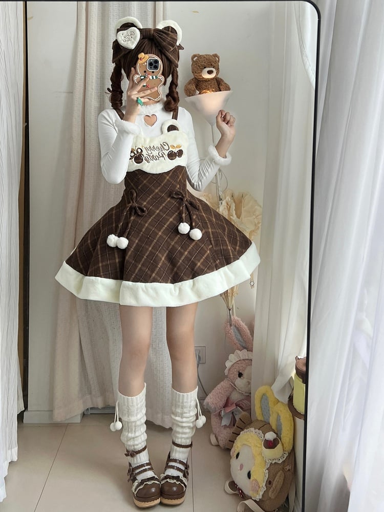 Sweet with Cherry Pom-Poms Plaid Brown Dress for and Autumn Embroidered Winter Lolita
