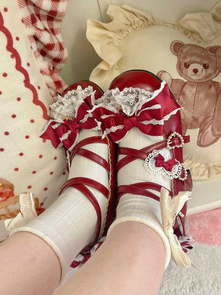 Süße Riemen Kreuzschnalle Rot 2CM/5CM Block Lolita Details Design Schuhe Herz Heels Bowknot