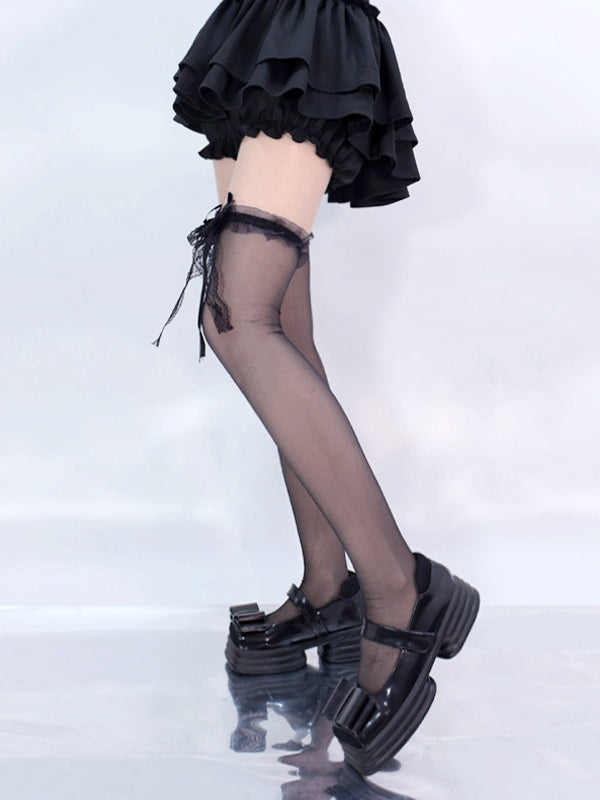 Black / White Lace Bowknot on Cuffs Over Knee Stockings