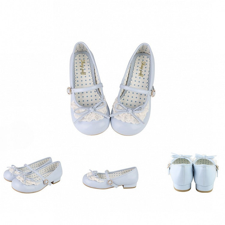 Absätze 2,2 cm/4,3 cm Janes Mary Toe Trim Blau Runde Akzent geknotete Spitze Schleife