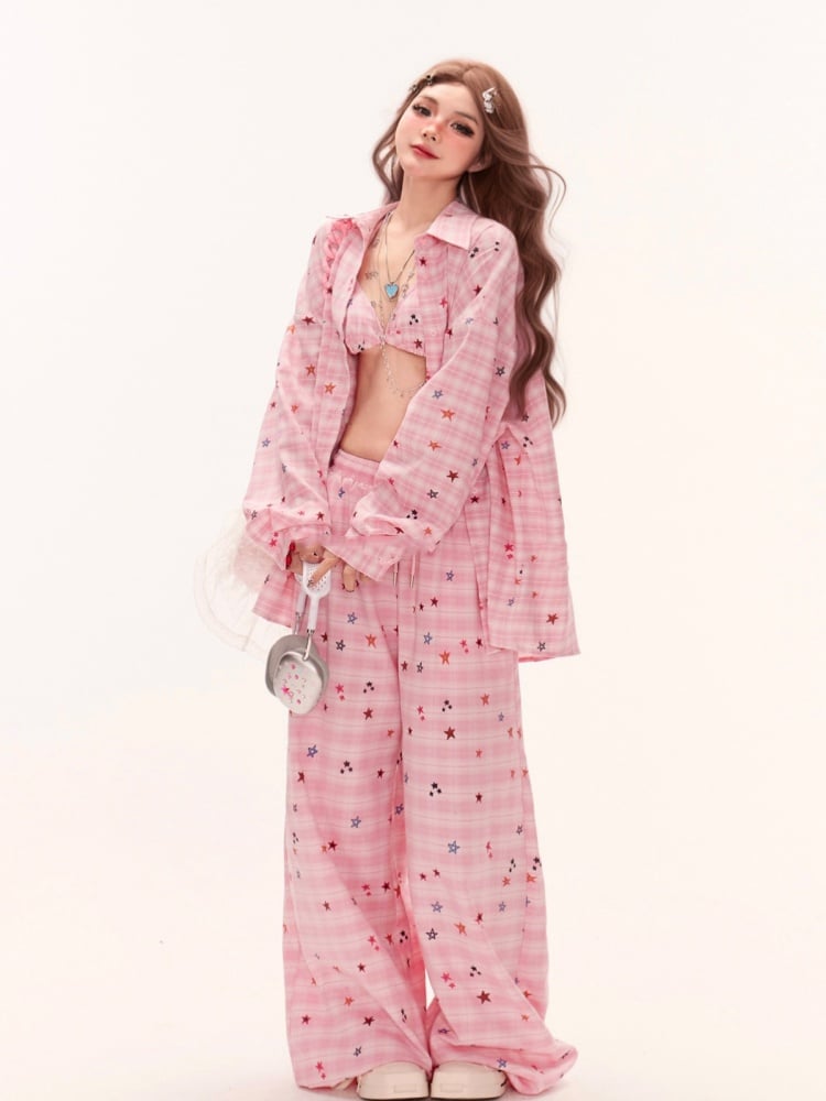 Pink Star Pattern Drawstring Waist Wide-Leg Plaid Pants