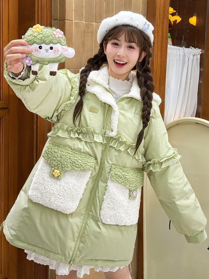 Green Cute Lamb Adorned Hooded Down Coat Ruffle Trim