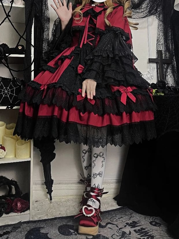 赤と黒のオールドスクールロリータファッションドレス蝶結びJSKセット