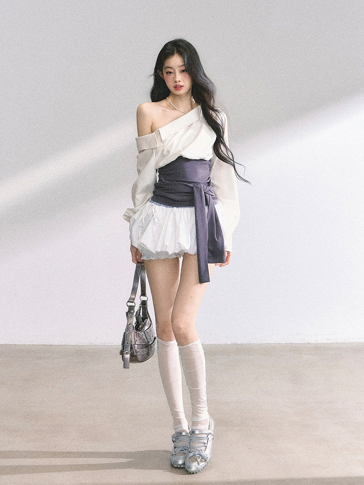 Beige Asymmetrical Neckline Shirt with Purple Corset Belt