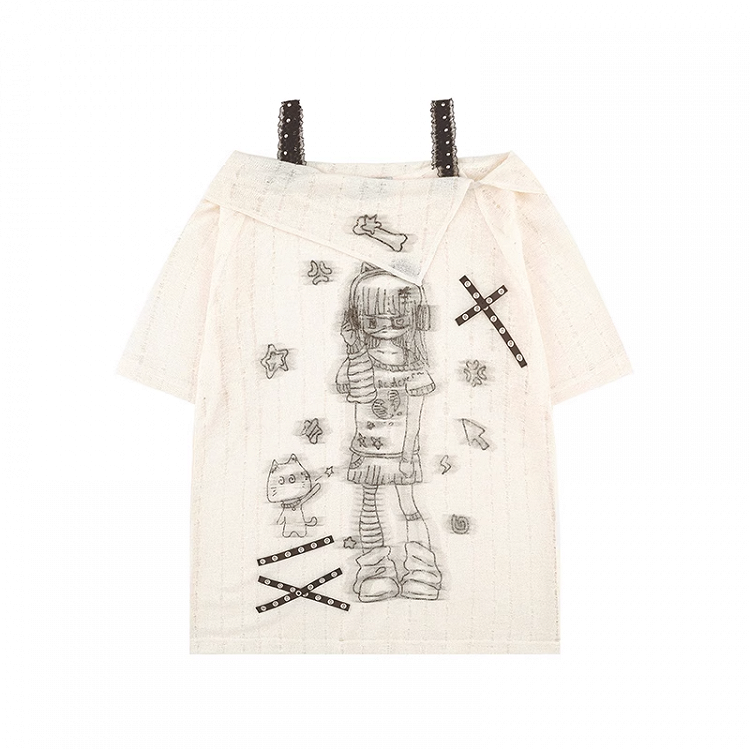 Apricot/Black Off-the-shoulder Criss-Cross Straps Cartoon Girl Print Coverup