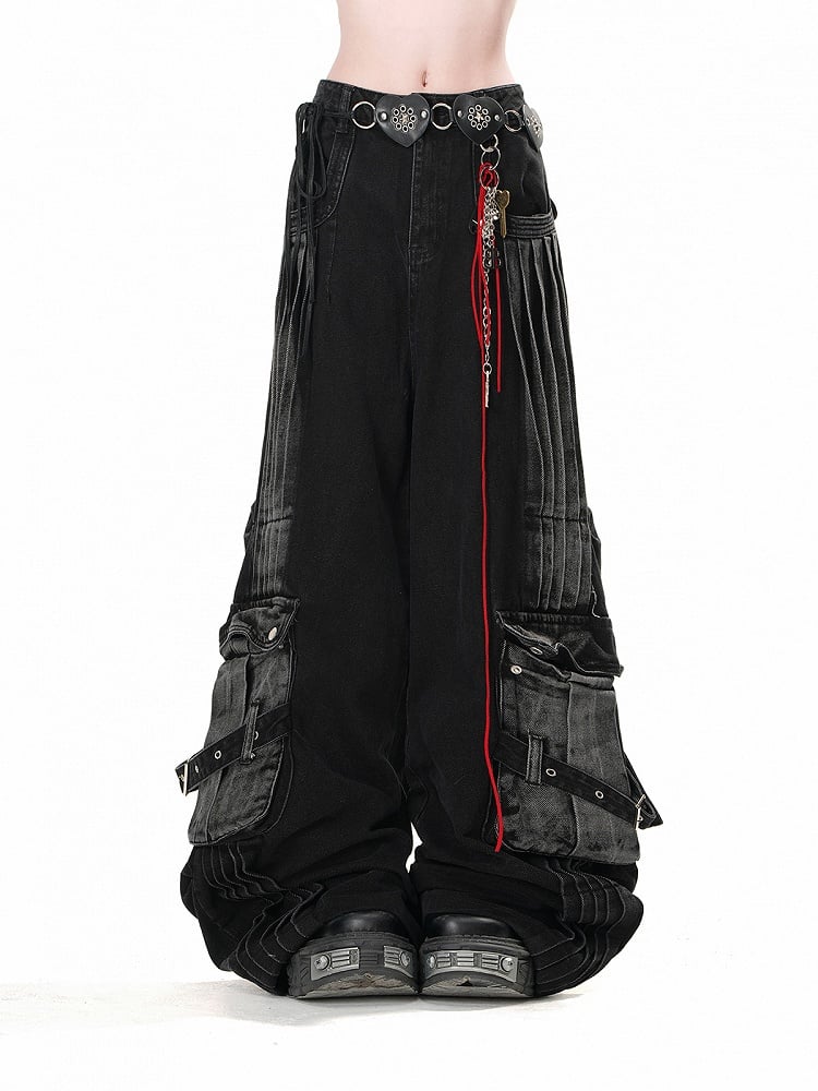 Black Faded Wash Cargo Pockets Loose Wide-Leg Jeans