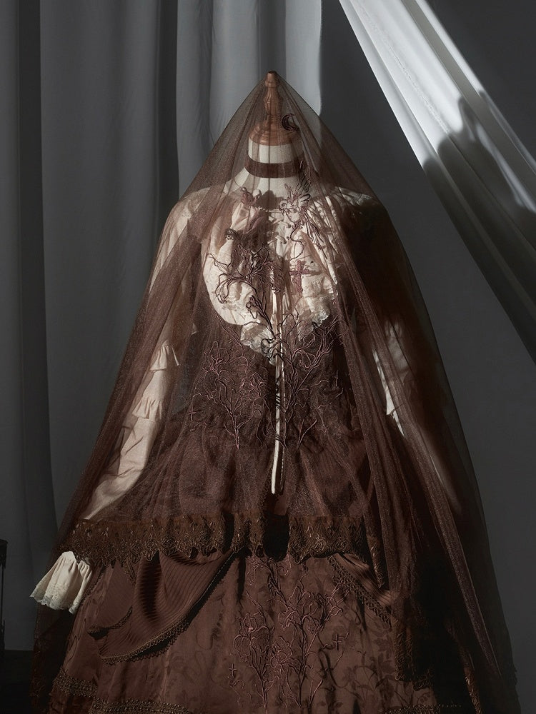 Lolita Lace Floral Embroidered Trim Black/Gray/Brown Veil with