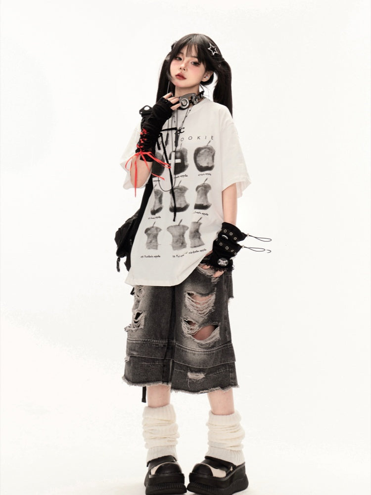 T-Shirt White Round Neck Apple Print Loose
