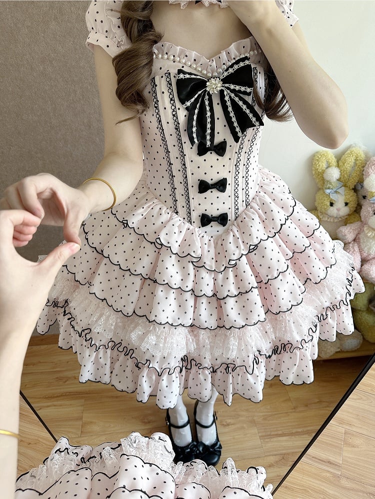 Ärmeln Stäbchen Abnehmbare Süße Taille Kleid mit Retro Polka Dots Lolita Rosa Puff