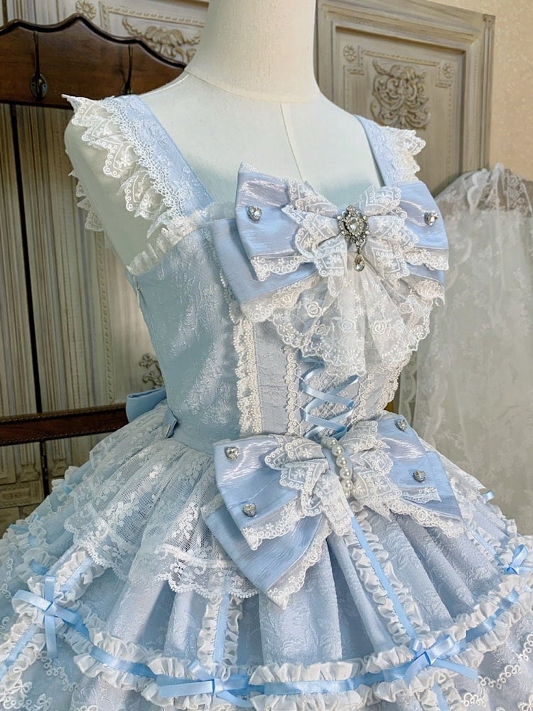 Blauer Lagenrock Hanayome-Kleid Süßer Hime Lolita-Pulloverrock mit abnehmbaren Schleifen