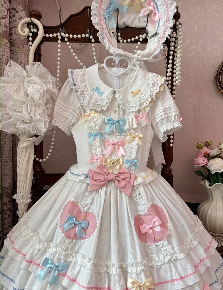 Macaron Color Bowknots White JSK Sleeves Tiered Sweet Lolita Dress Flutter Skirt