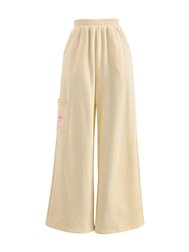 Weite Freizeithose mit normalem/kurzem Bein, bedruckt, cremefarben, elastischer Bund, Teddybär