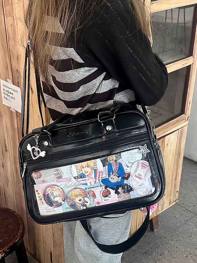 Leather Uniform Style Ita Transparent-window Black Bag PU JK