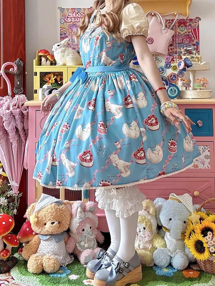 Dress Print Skirt Cute Lolita Jumper Showa Fluffy Kitty Blue Sweet