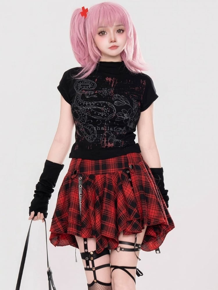 Edgy Y2K Kawaii Snake Schwarz/Hellgrau T-Shirt mit abnehmbaren Ärmeln