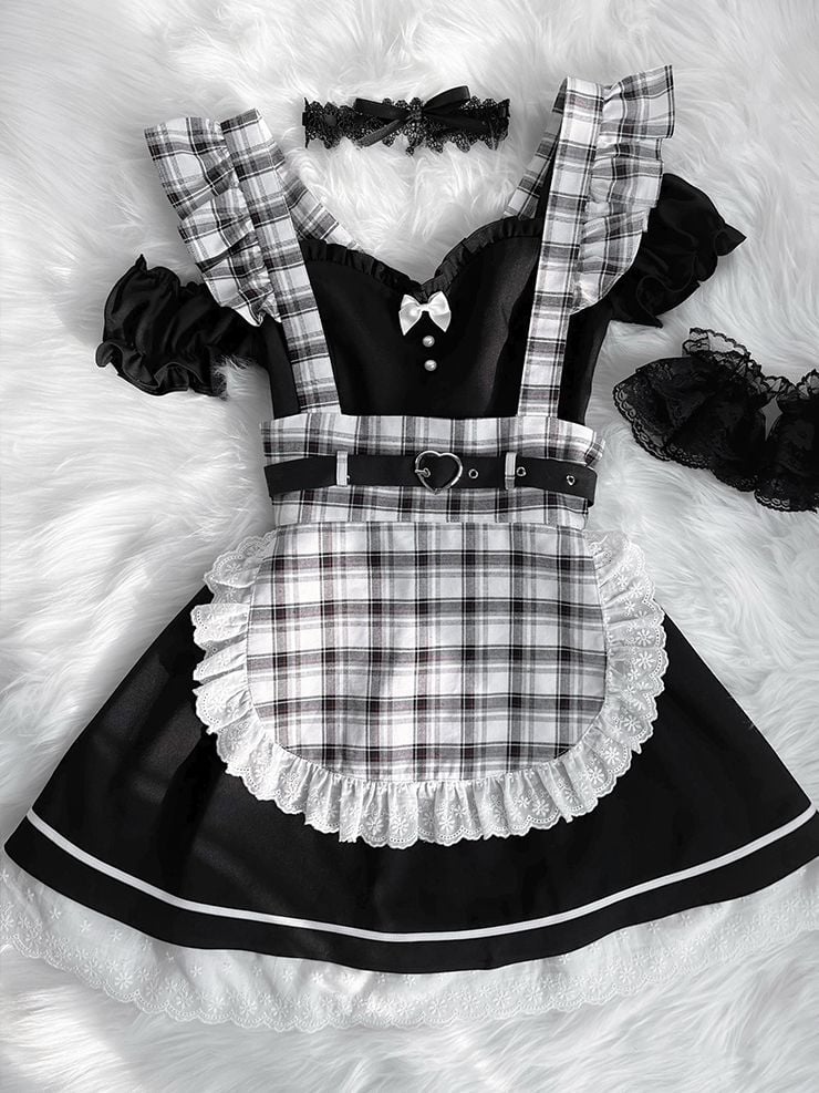 Shoulder Piece Lolita Maid One Set Cutout + Plaid Black Apron