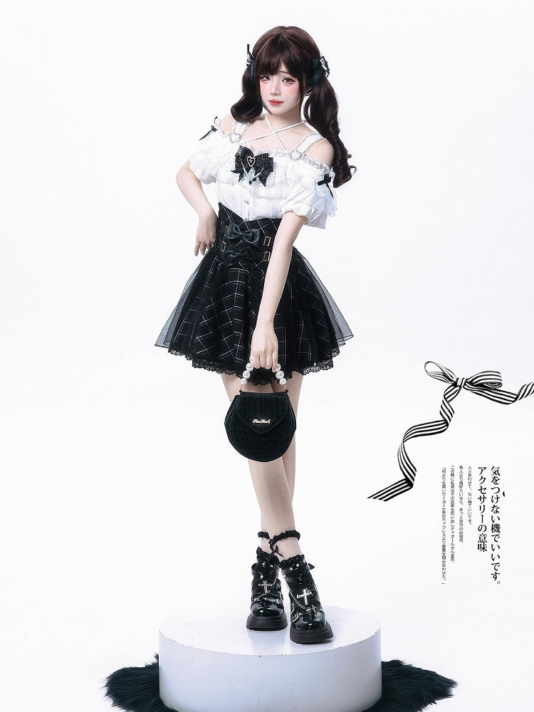 Black Bowknots White Off-the-shoulder Neckline Top Jirai Kei Style with