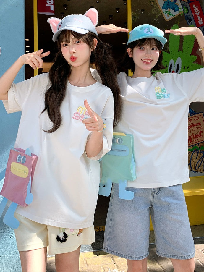 T-shirt Blue/Pink Neck Loose Cartoon Pocket White Round