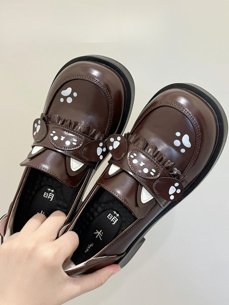 Cat Accents Design Shoes Mid-heel Brown Style Slip-On Ear PU Paw Preppy Print - with