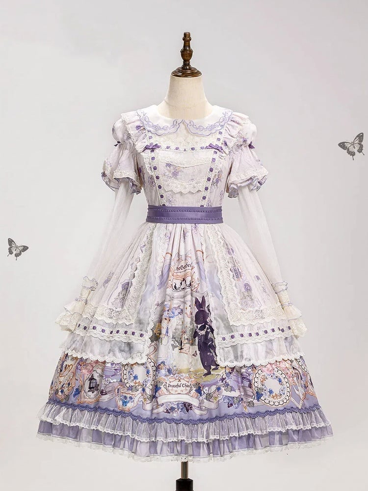 Floral Dress Sleeves Party and Bunny Purple Light Lolita Print with Detachable Tea