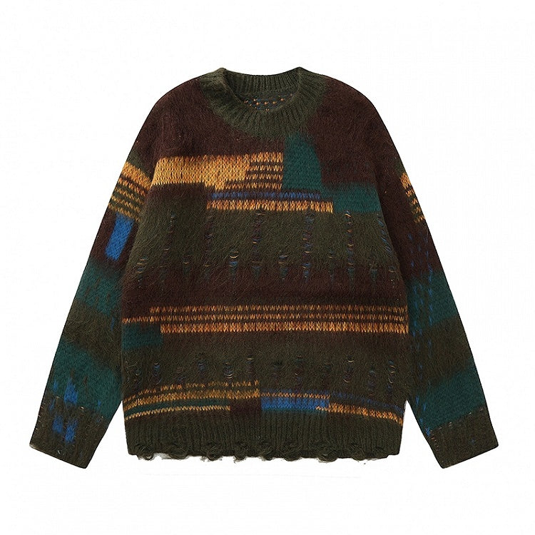 Kaffee/Aprikose Patchwork Distressed Holes Lockerer Pullover